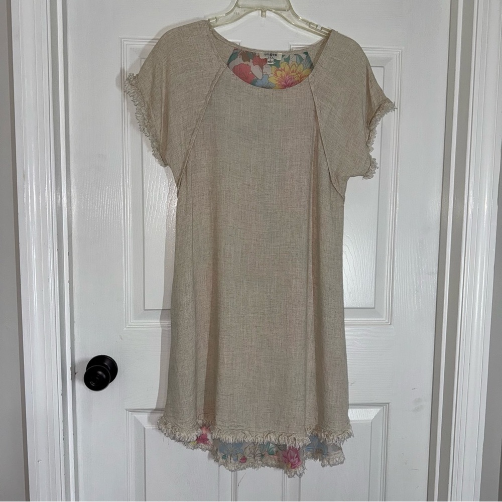 Umgee Beige Mini Linen Dress with High Low Ruffle Fringe and Floral Print - Picture 2 of 16